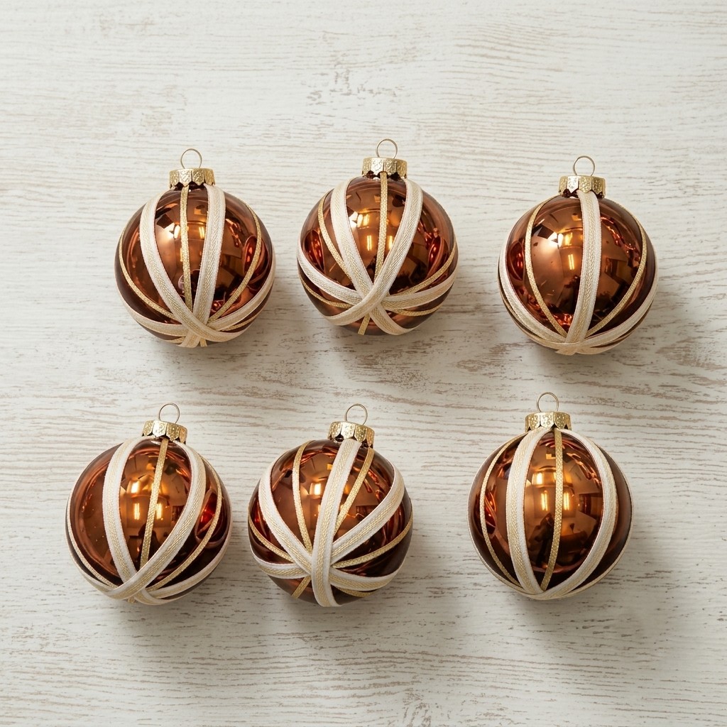10 CM Amber Bronze & Cream Luxury Candy Cane Stripe Ball Ornaments (Set of 6)