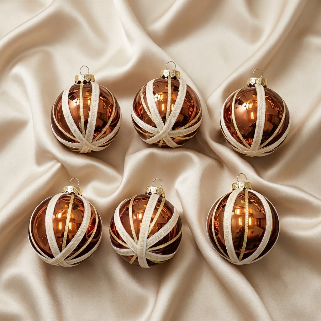 10 CM Amber Bronze & Cream Luxury Candy Cane Stripe Ball Ornaments (Set of 6)