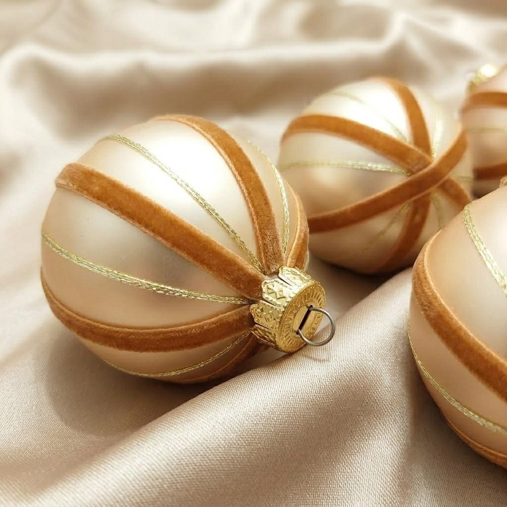 10 CM Amber Champagne Cream & Caramel Luxury Candy Cane Stripe Ball Ornaments (Set of 6)