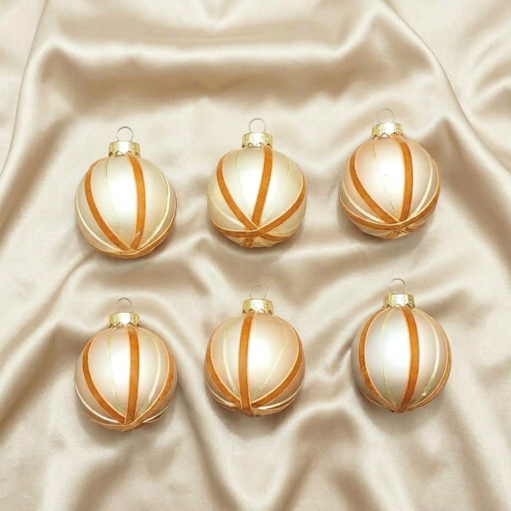 10 CM Amber Champagne Cream & Caramel Luxury Candy Cane Stripe Ball Ornaments (Set of 6)