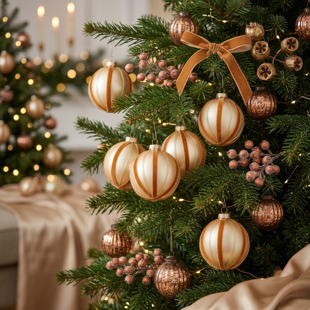 10 CM Amber Champagne Cream & Caramel Luxury Candy Cane Stripe Ball Ornaments (Set of 6)