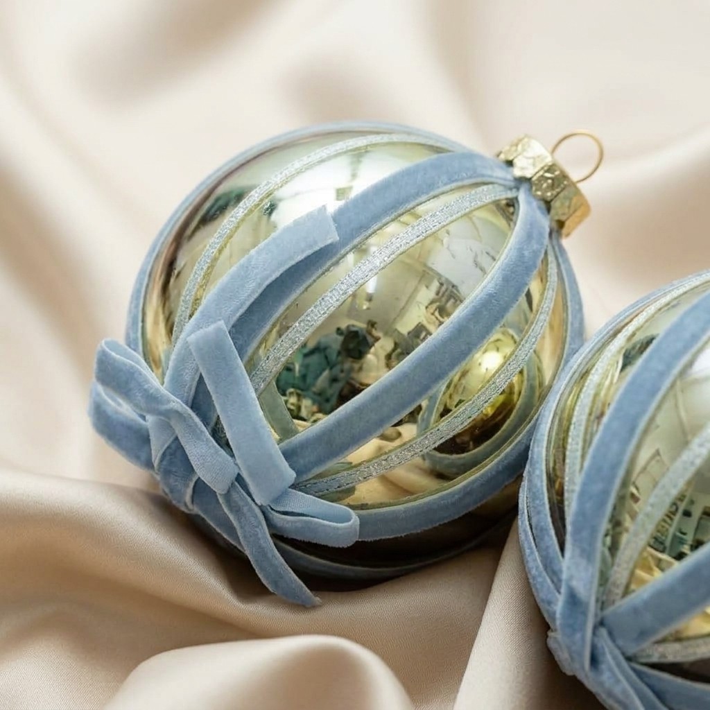 10 CM Gold and Blue Luxury Candy Cane Stripe Ball Ornaments (Set of 6)