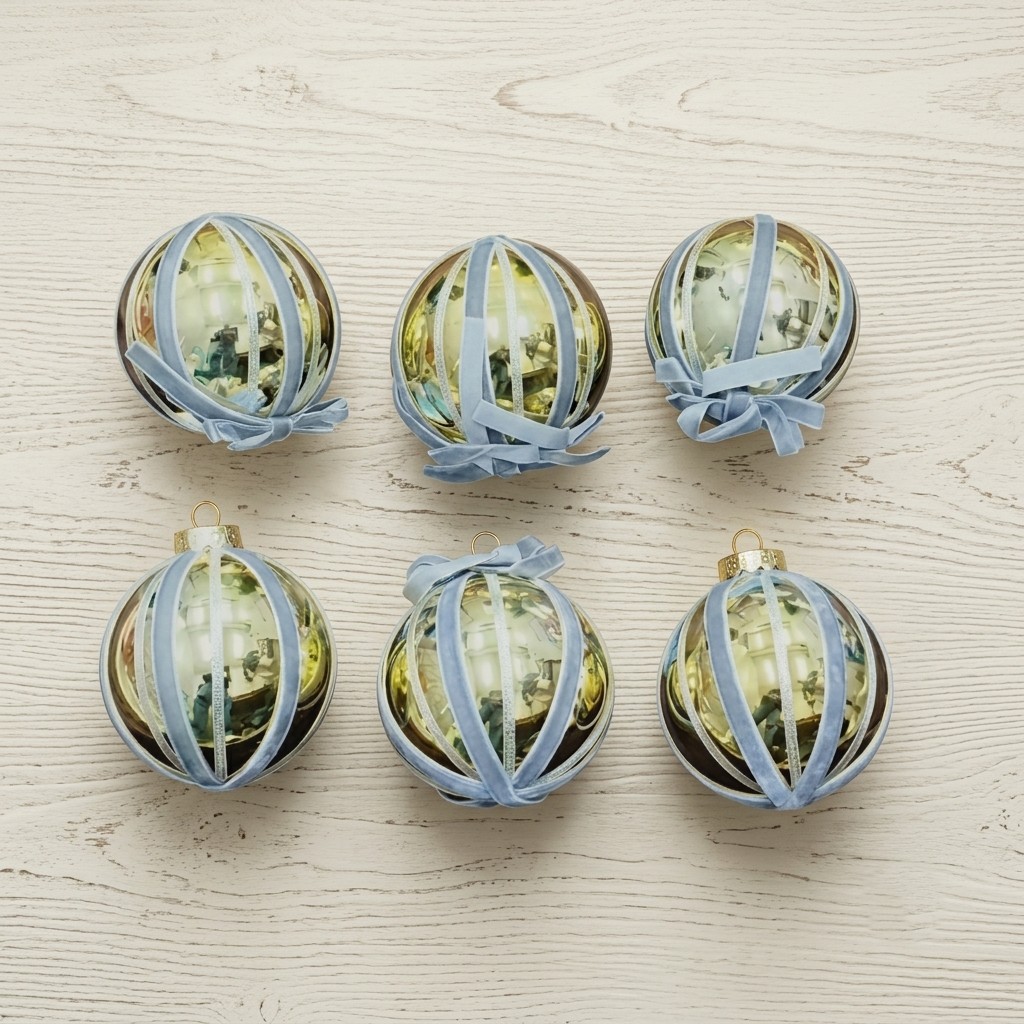 10 CM Gold and Blue Luxury Candy Cane Stripe Ball Ornaments (Set of 6)