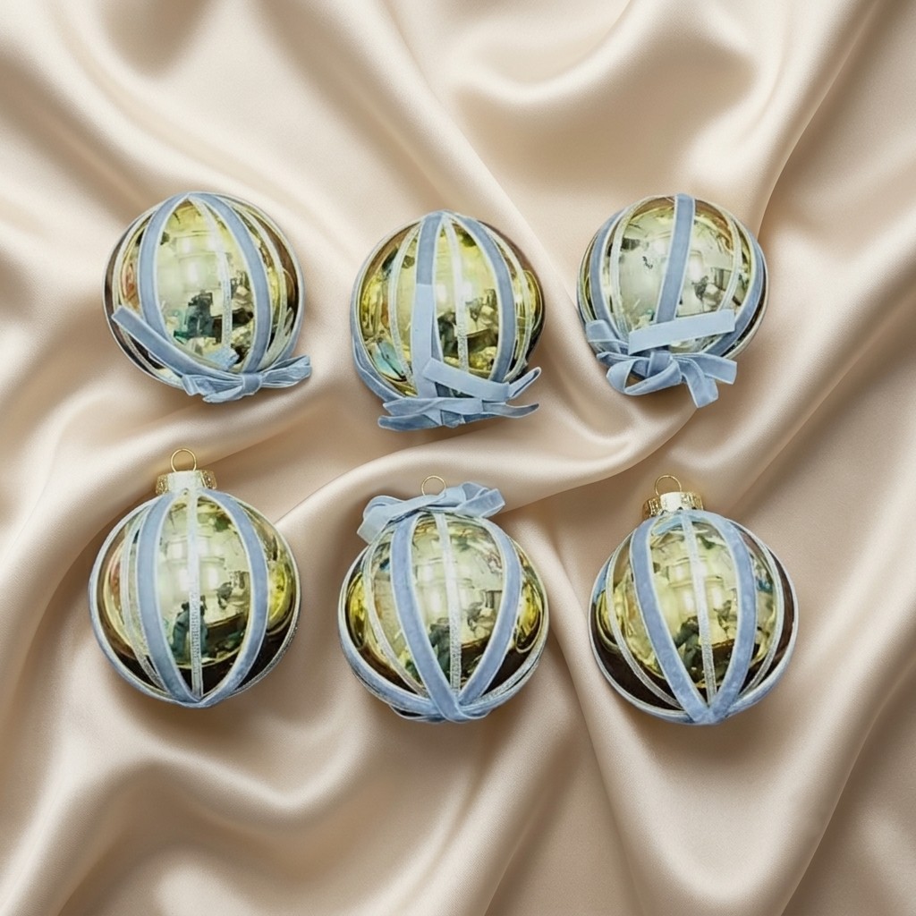 10 CM Gold and Blue Luxury Candy Cane Stripe Ball Ornaments (Set of 6)