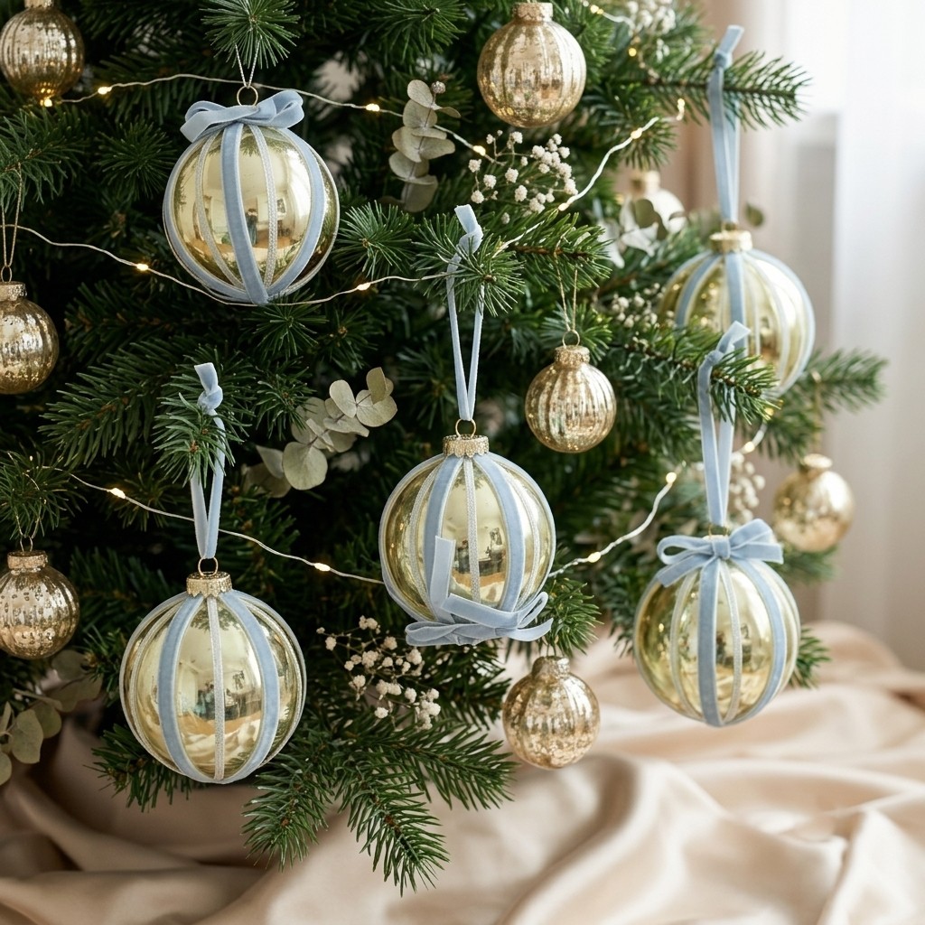 10 CM Gold and Blue Luxury Candy Cane Stripe Ball Ornaments (Set of 6)