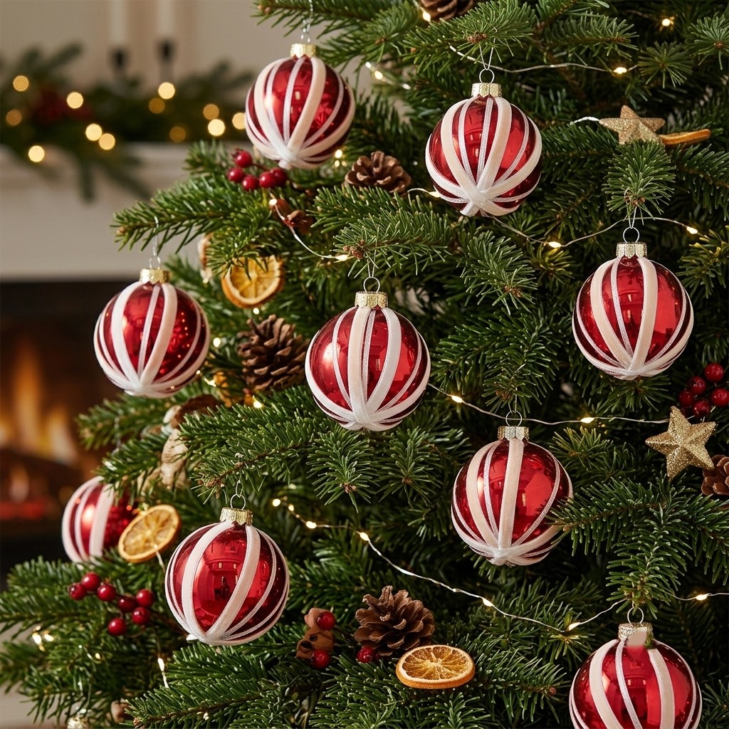 10 CM Red and White Luxury Candy Cane Stripe Ball Ornaments (Set of 6)