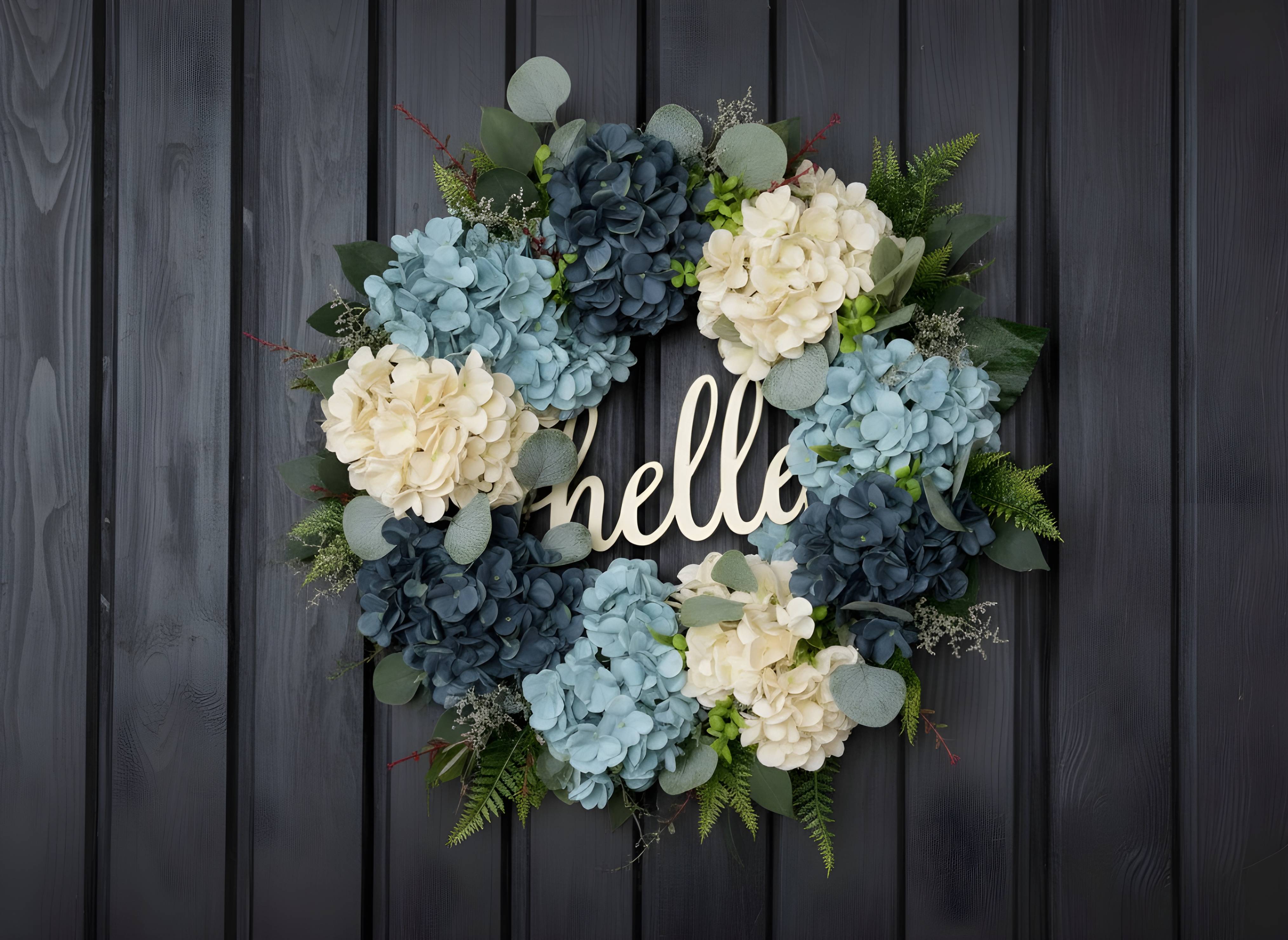 18 Inch White Blue Hydrangea Hello Wreath for Front Door (1 Pc)