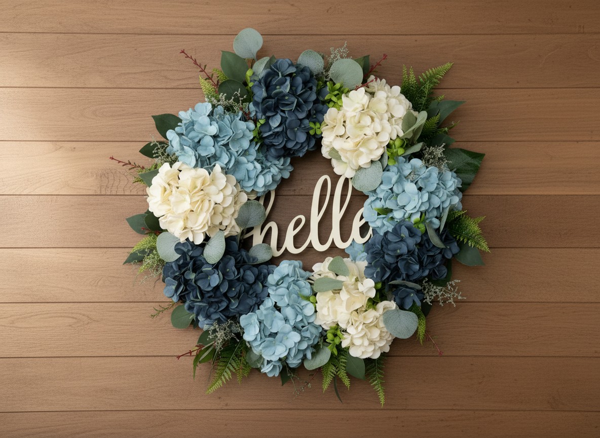 18 Inch White Blue Hydrangea Hello Wreath for Front Door (1 Pc)