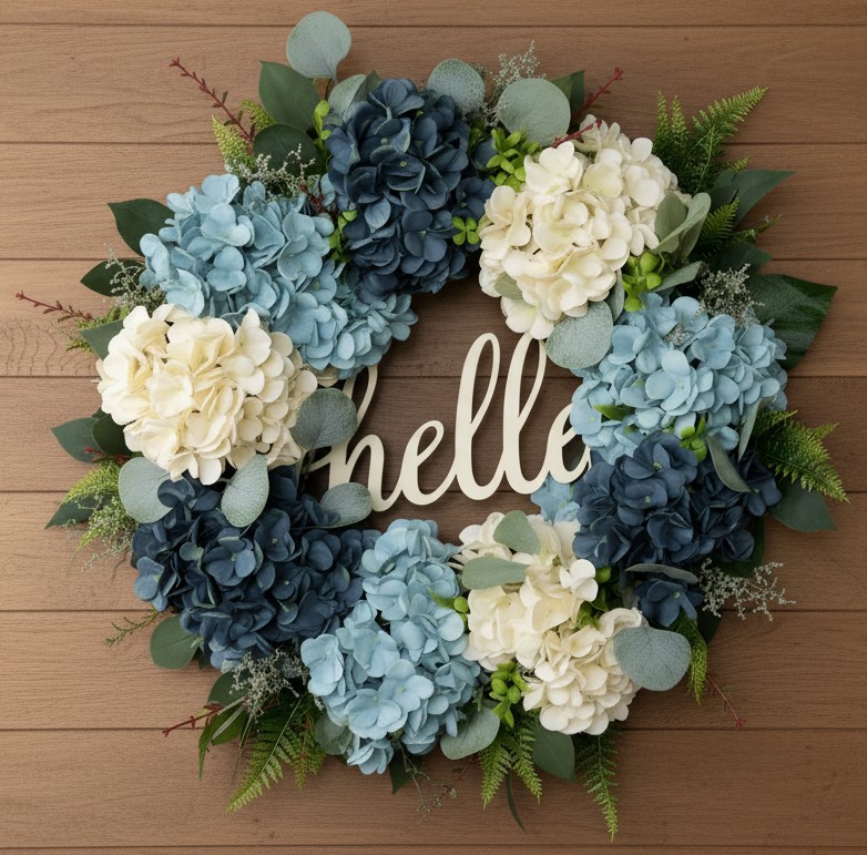 18 Inch White Blue Hydrangea Hello Wreath for Front Door (1 Pc)