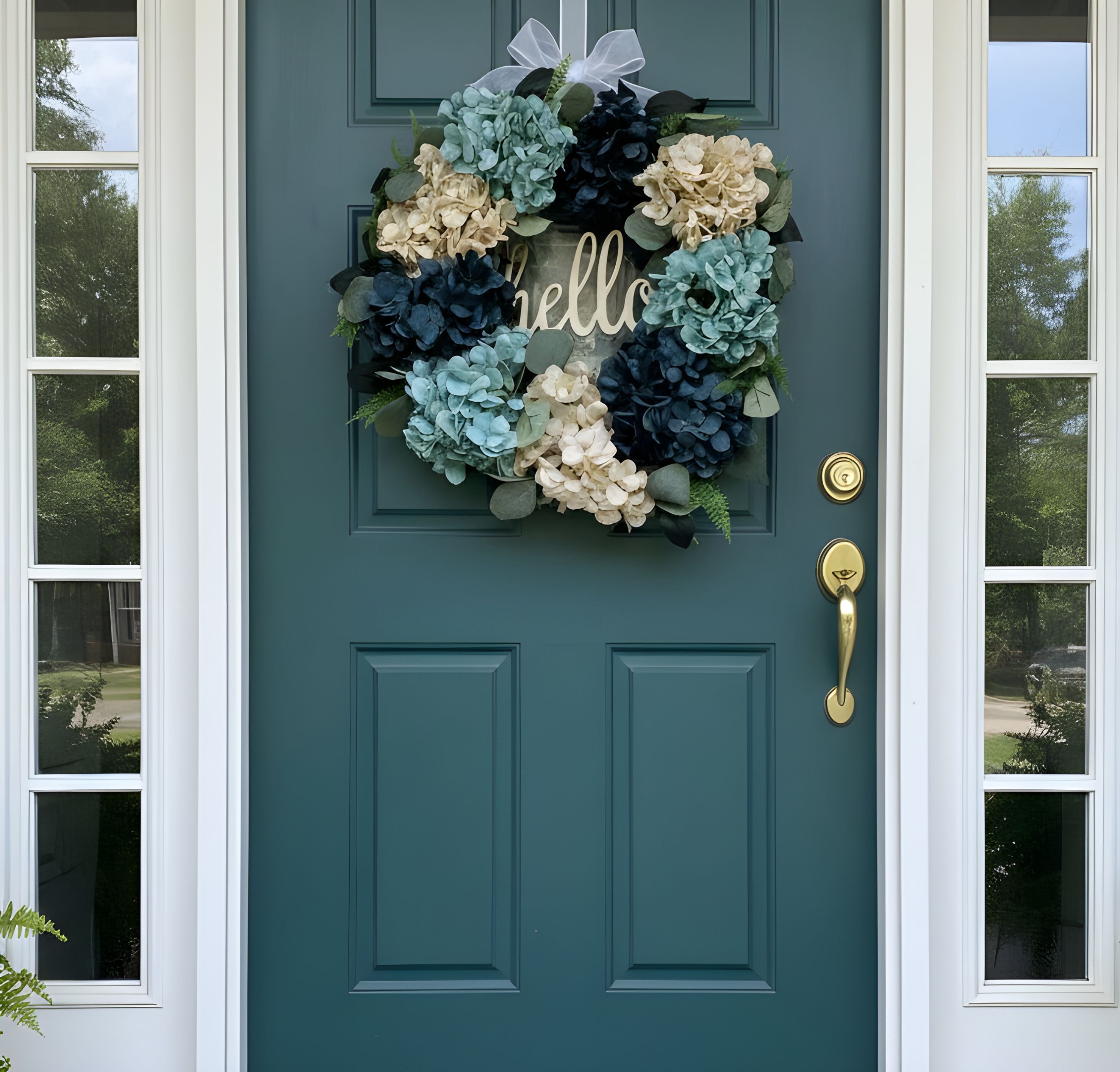 18 Inch White Blue Hydrangea Hello Wreath for Front Door (1 Pc)