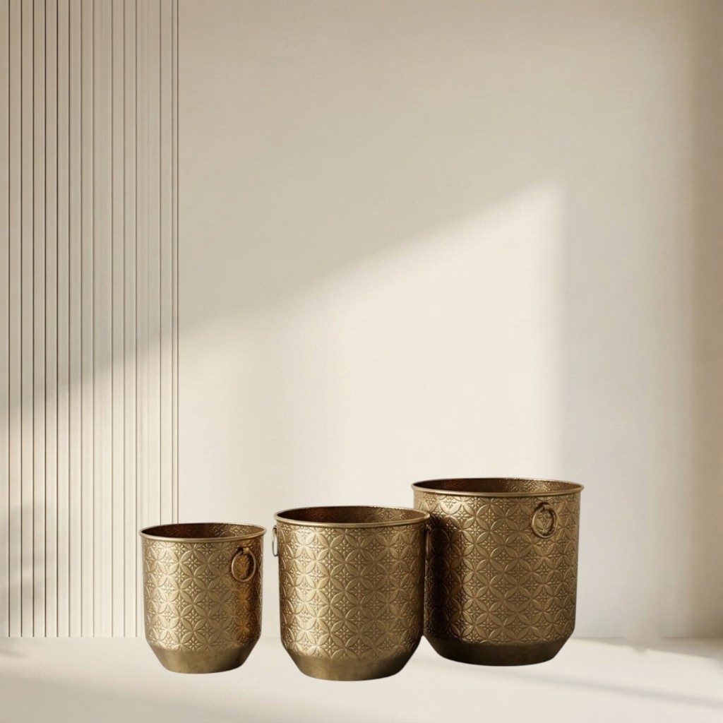 Antique Gold Embossed Iron Vases (Set of 3)