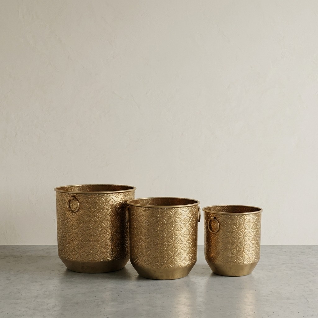 Antique Gold Embossed Iron Vases (Set of 3)