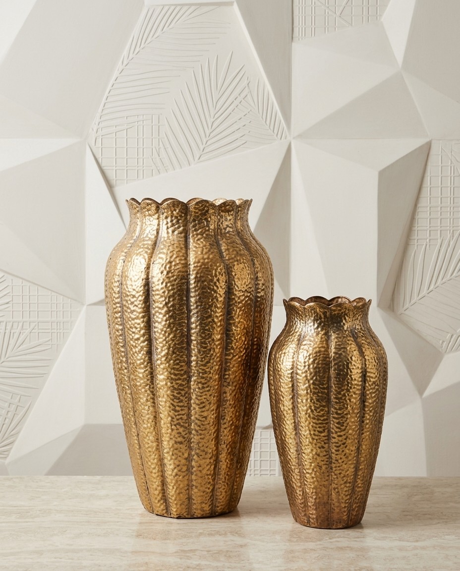 Antique Gold Hammered Iron Vases (Set of 2)