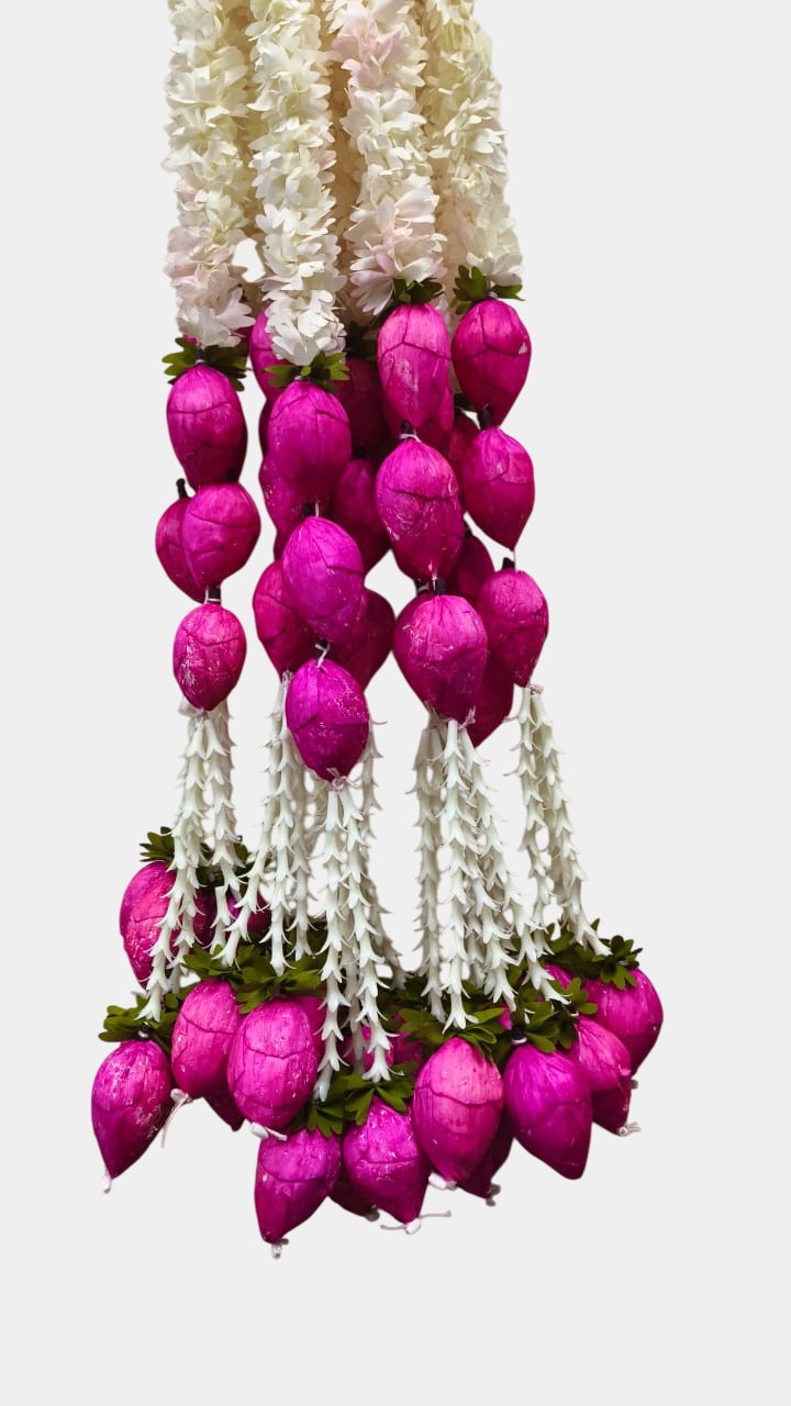 Artificial Off White Lotus Bud Jasmine Flower Hangings (3 Feet, 10 Pcs)