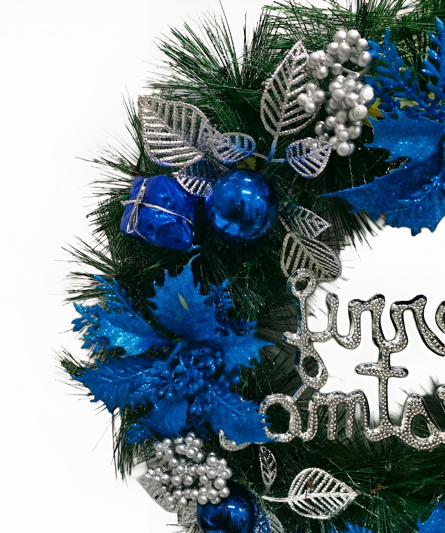 Christmas Blue Poinsettia Flower Merry Christmas Wreath (1 Pc)
