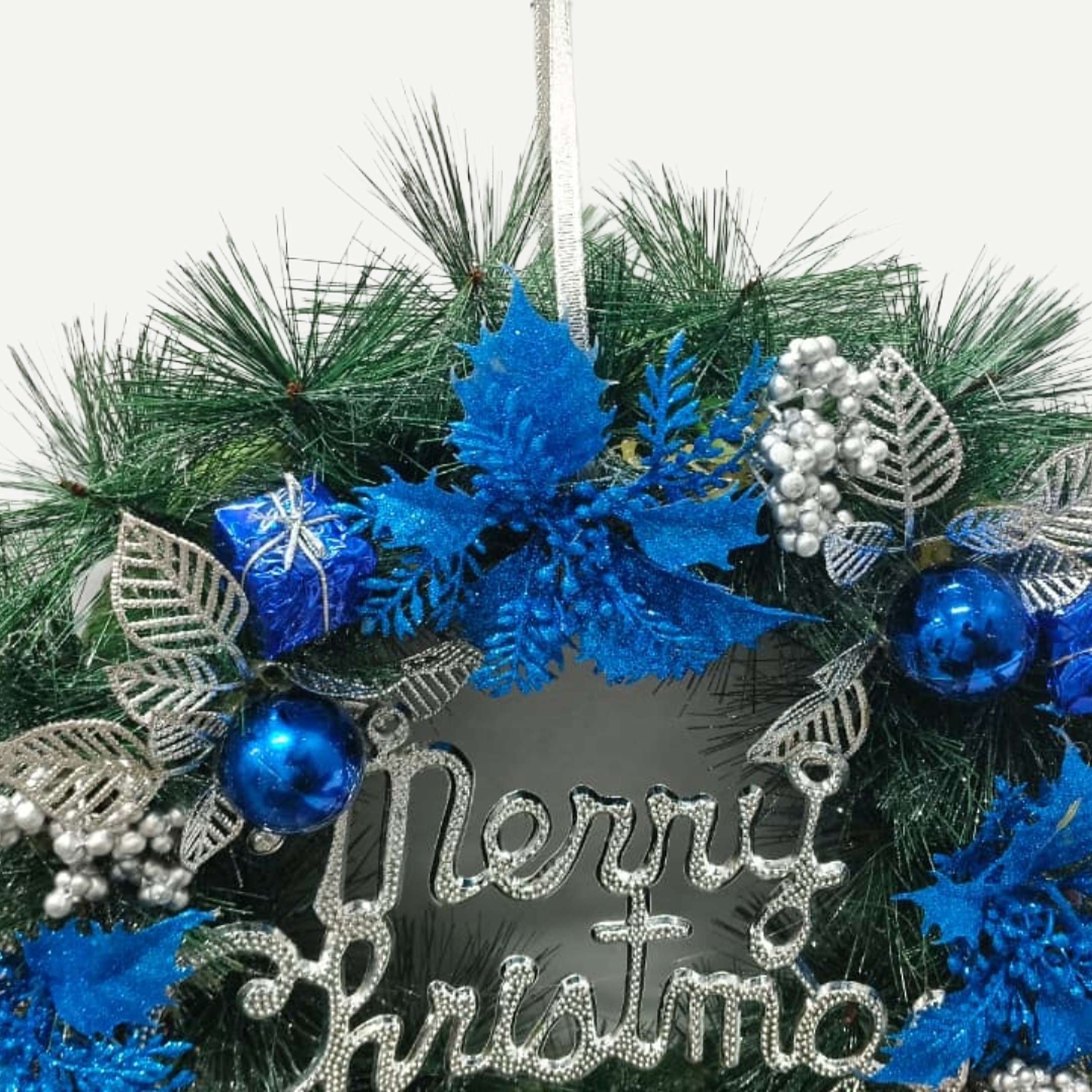 Christmas Blue Poinsettia Flower Merry Christmas Wreath (1 Pc)