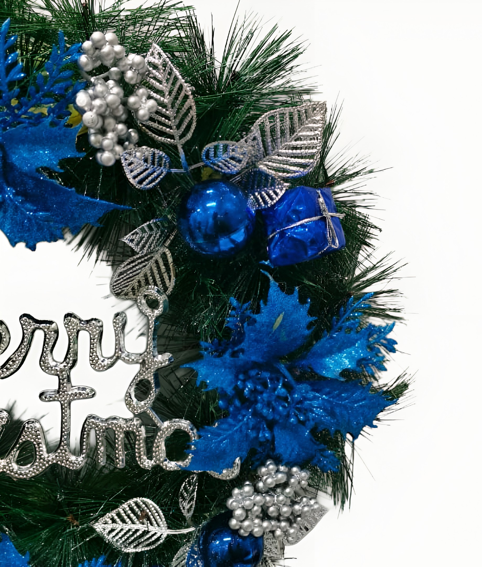 Christmas Blue Poinsettia Flower Merry Christmas Wreath (1 Pc)