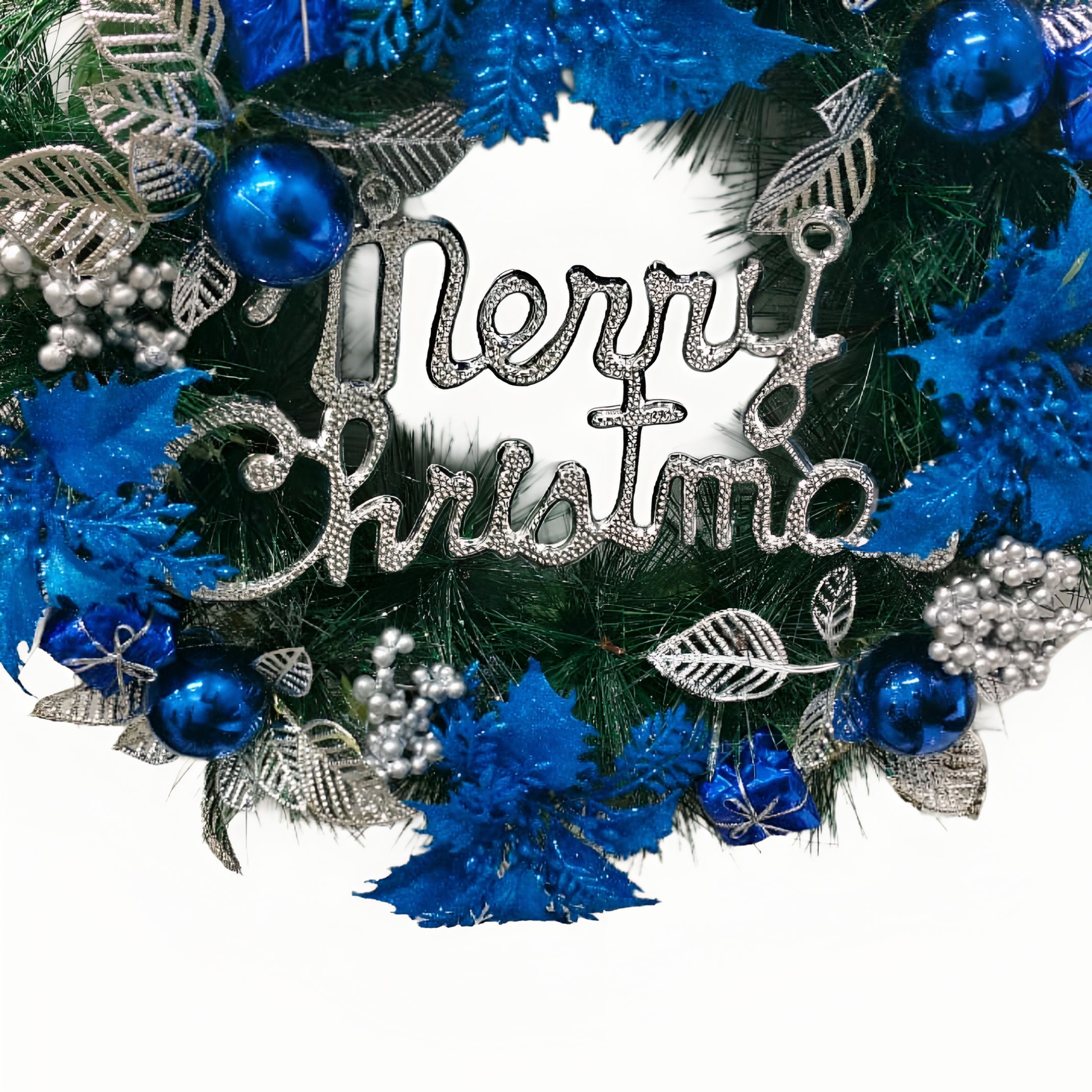 Christmas Blue Poinsettia Flower Merry Christmas Wreath (1 Pc)