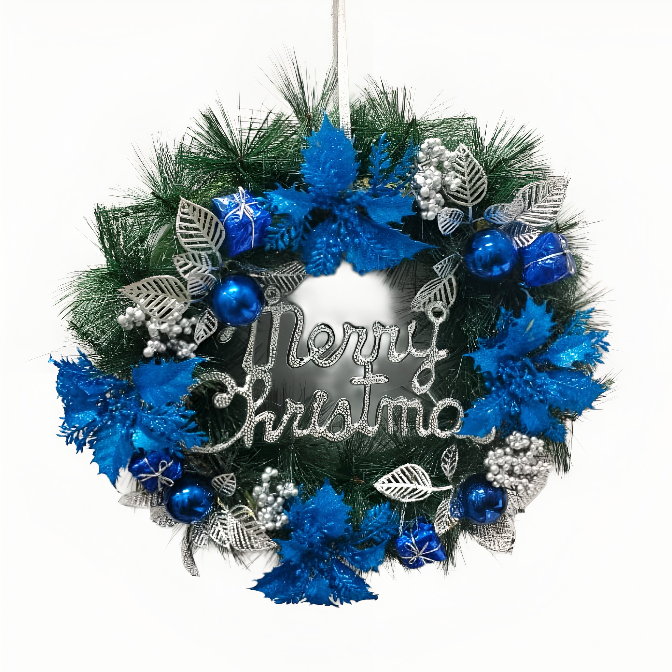 Christmas Blue Poinsettia Flower Merry Christmas Wreath (1 Pc)