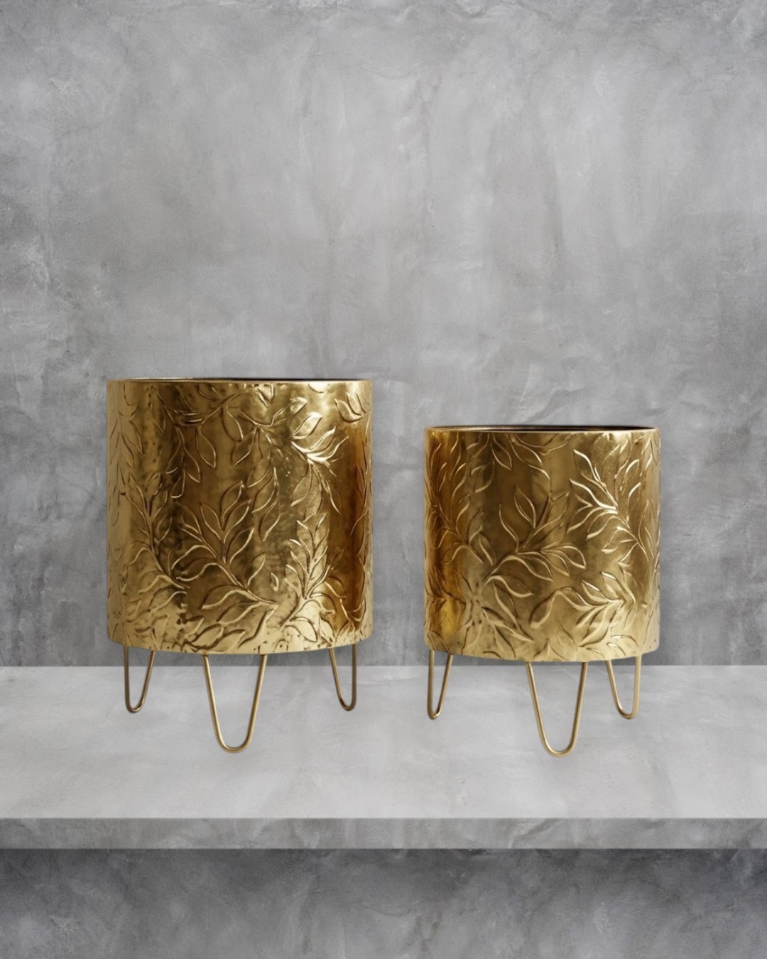 Luxurious Embossed Gold Planter Vases with Hairpin Stands - (Set of 2)