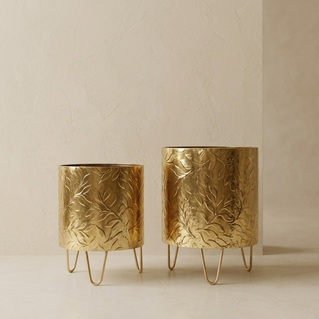 Luxurious Embossed Gold Planter Vases with Hairpin Stands - (Set of 2)