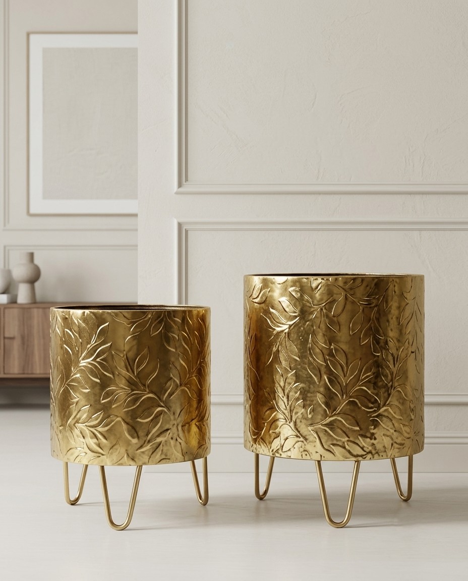 Luxurious Embossed Gold Planter Vases with Hairpin Stands - (Set of 2)