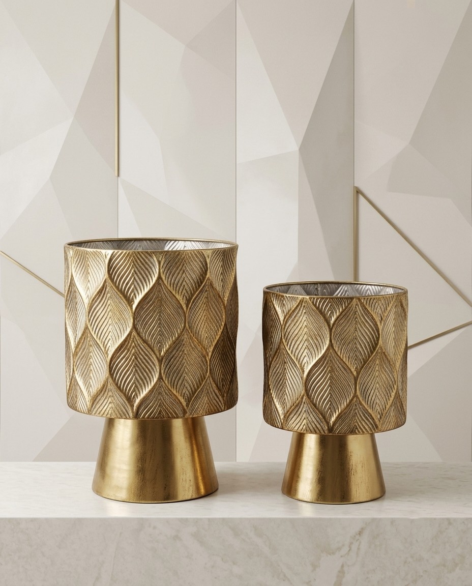 Luxury Antique Gold Pedestal Planter Vases (Set of 2)