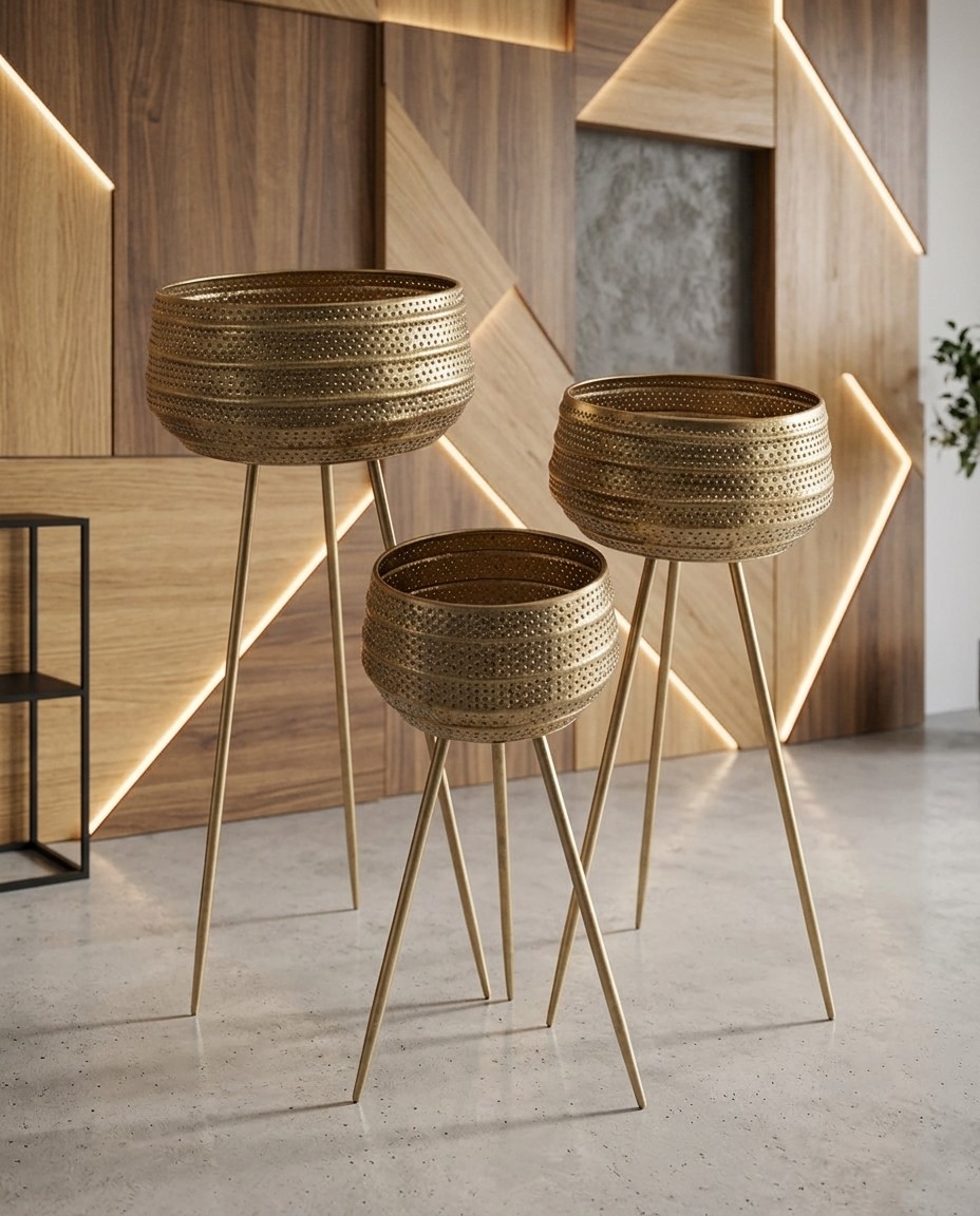 Modern Perforated Gold Planter Stands (Set of 3)