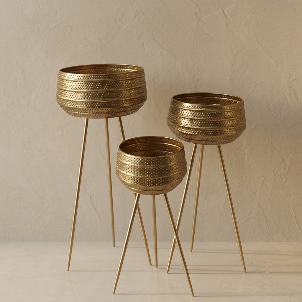 Modern Perforated Gold Planter Stands (Set of 3)