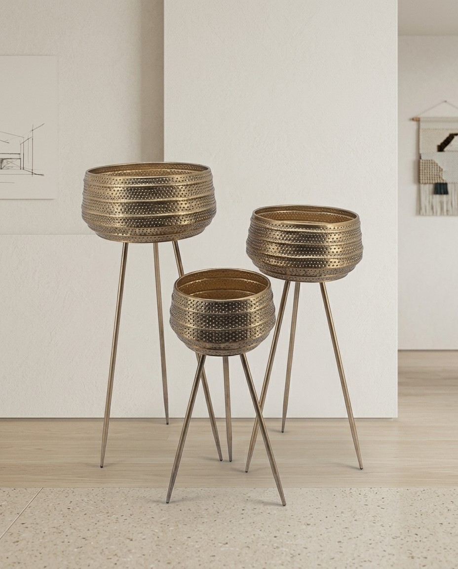Modern Perforated Gold Planter Stands (Set of 3)