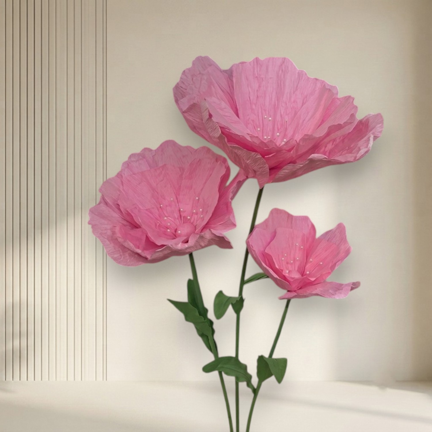 Pink Crepe Paper Flower Trio Artificial Floral Display