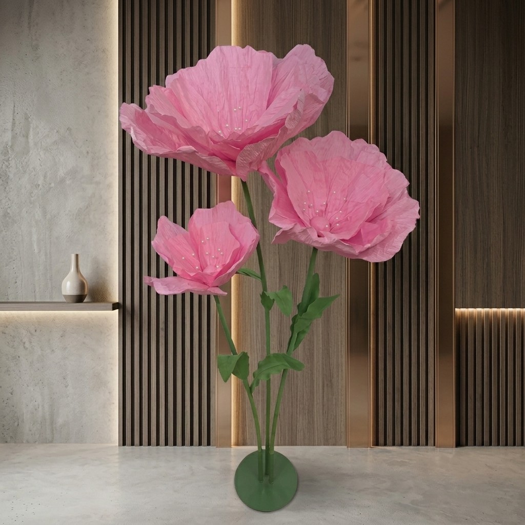Pink Crepe Paper Flower Trio Artificial Floral Display