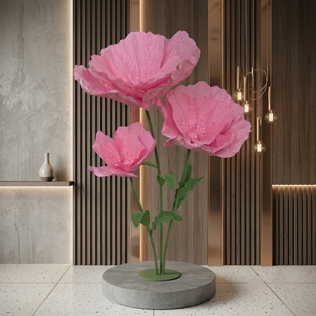 Pink Crepe Paper Flower Trio Artificial Floral Display