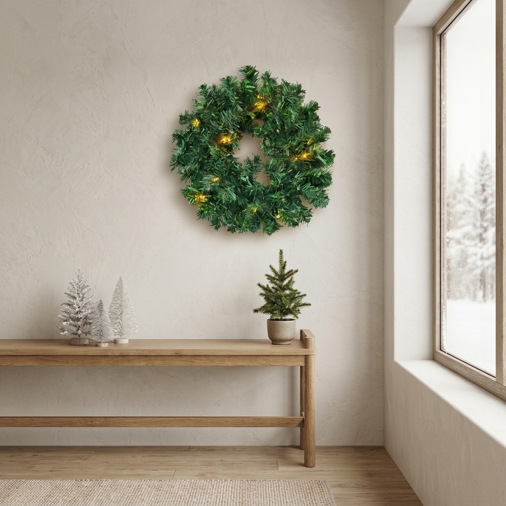 Pre-Lit Artificial Christmas Wreath with Warm LED Lights (35 CM)