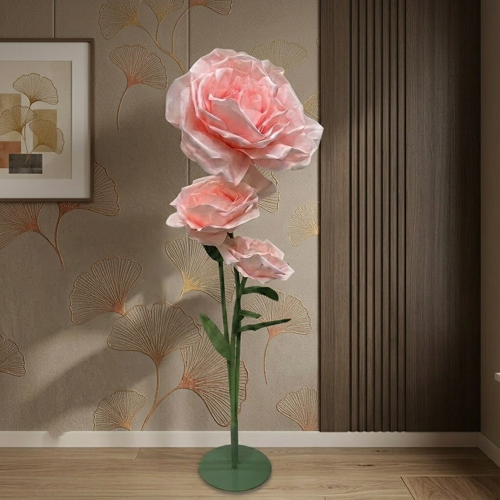 Premium 3-Head Artificial Pink Rose Stem Arrangement with Stand Base