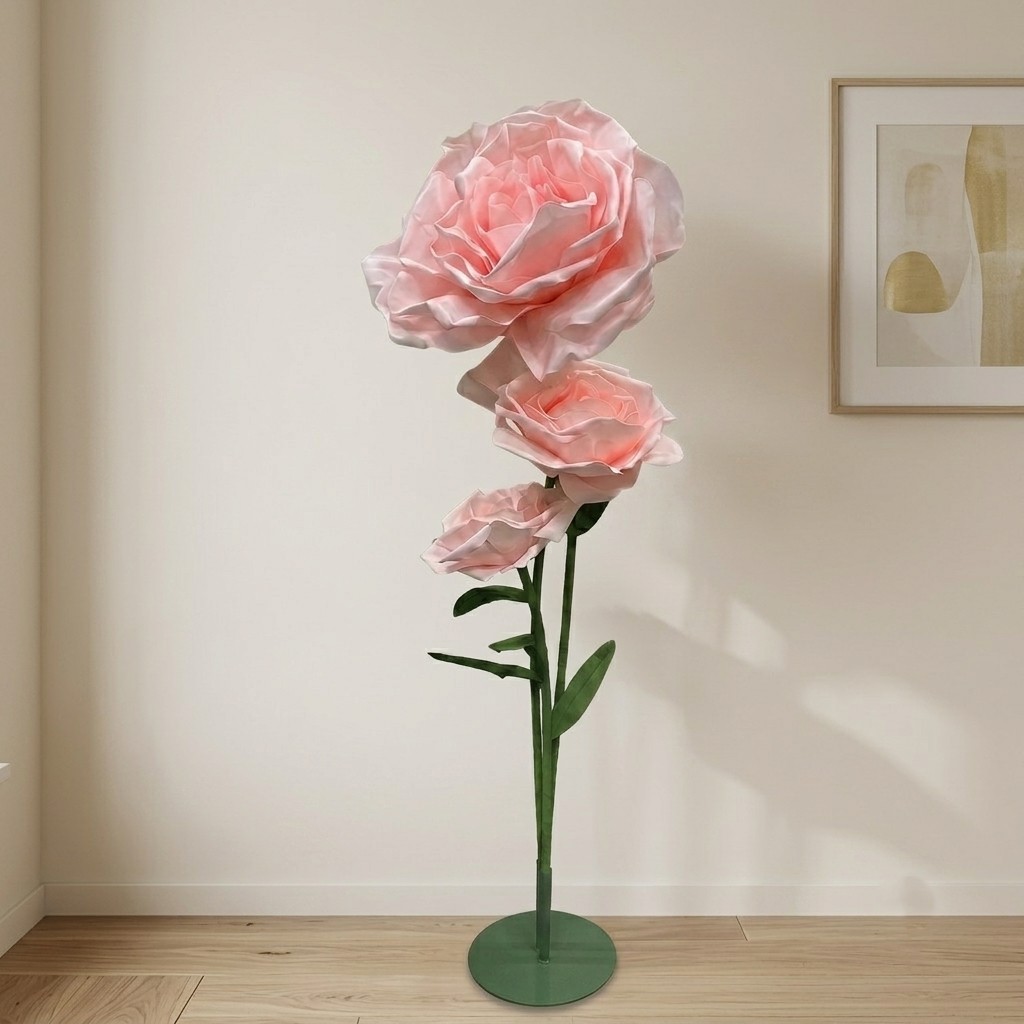 Premium 3-Head Artificial Pink Rose Stem Arrangement with Stand Base