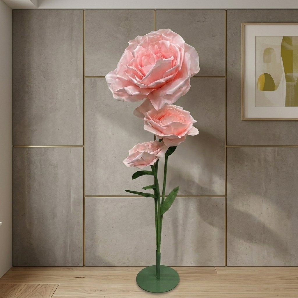 Premium 3-Head Artificial Pink Rose Stem Arrangement with Stand Base