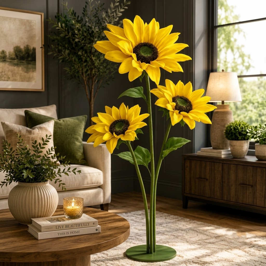 Premium 3-Head Artificial Sunflower Arrangement with Stand Base