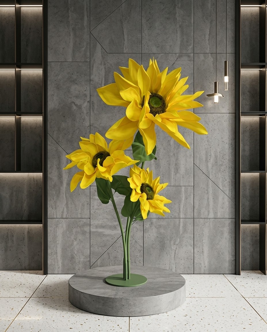 Premium 3-Head Artificial Sunflower Arrangement with Stand Base