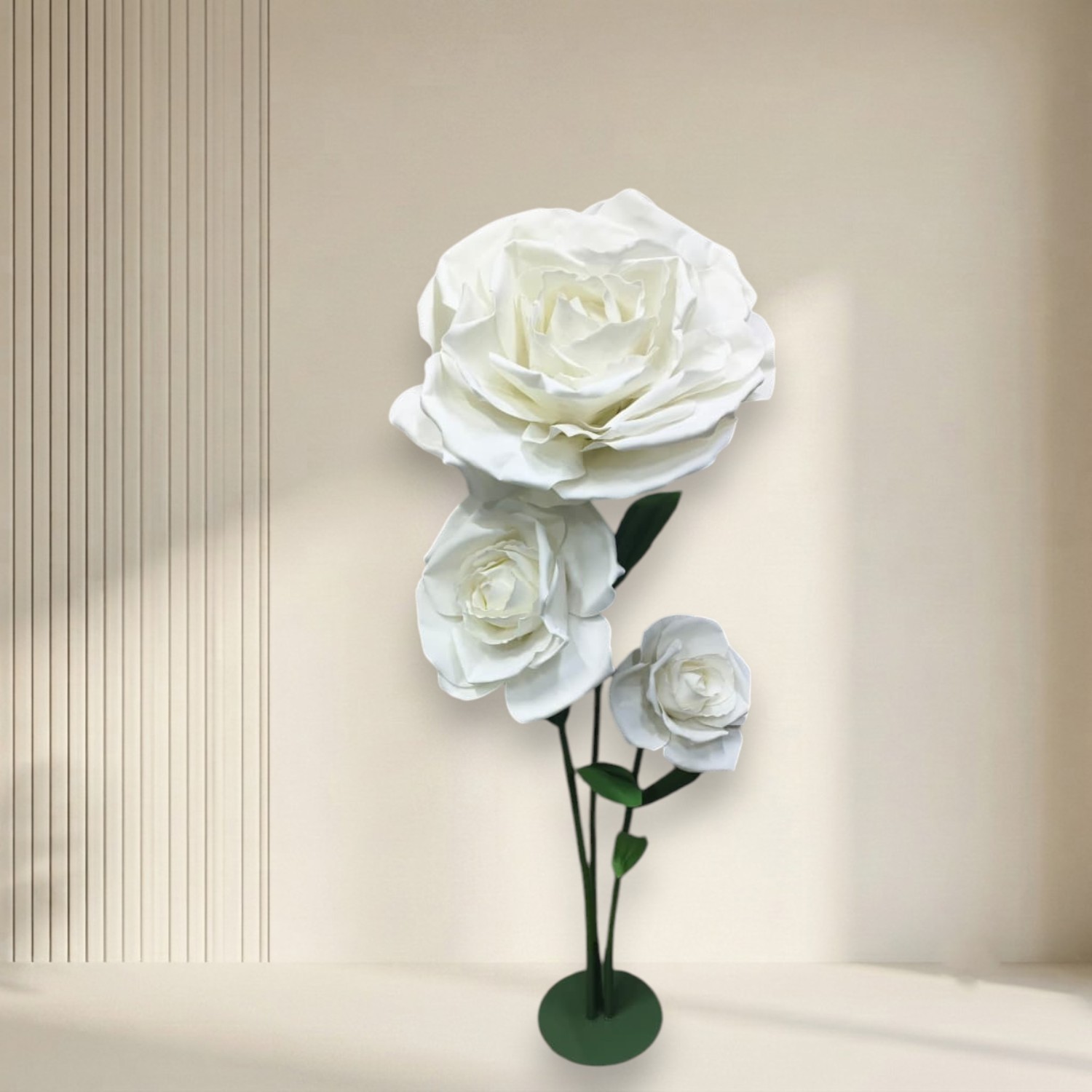Premium 3-Head Artificial White Rose Stem Arrangement with Stand Base