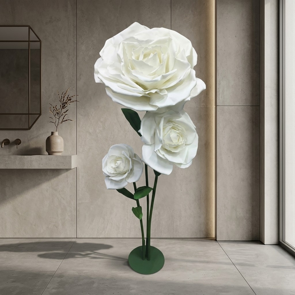 Premium 3-Head Artificial White Rose Stem Arrangement with Stand Base