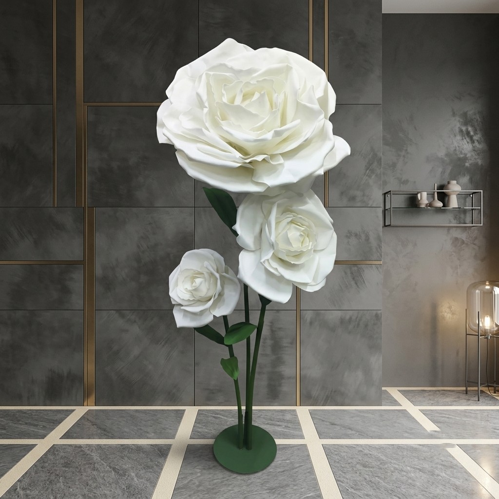 Premium 3-Head Artificial White Rose Stem Arrangement with Stand Base